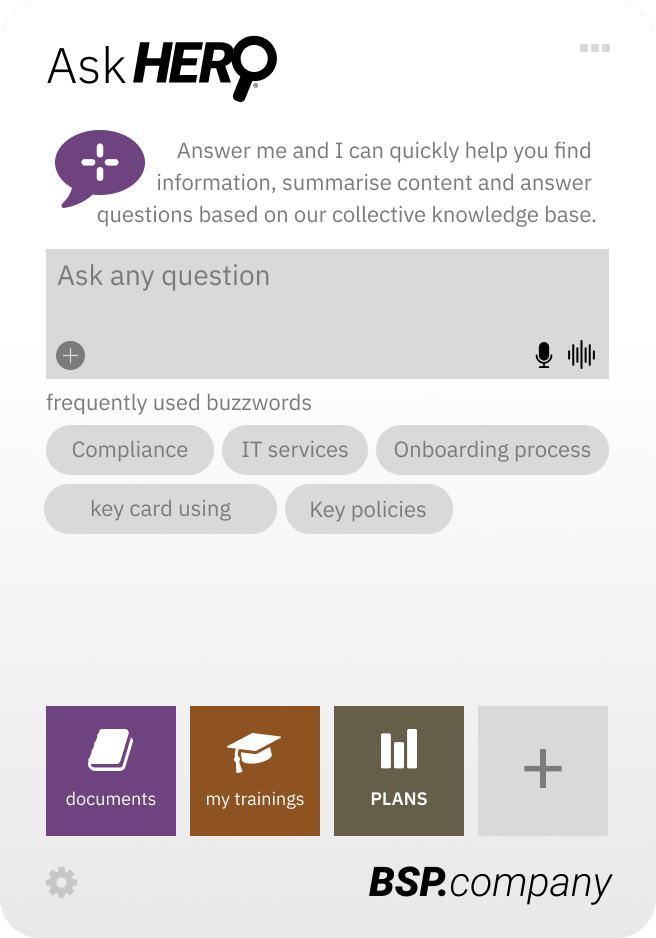 „Ask HERO“ Desktop-Widget mit Freitext-Eingabe und Schlagwort-Vorschlägen